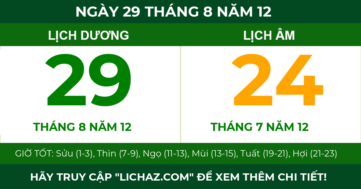 lịch âm ngày 29 tháng 8 năm 12