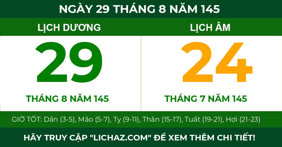 lịch âm ngày 29 tháng 8 năm 145