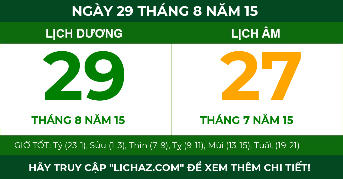 lịch âm ngày 29 tháng 8 năm 15