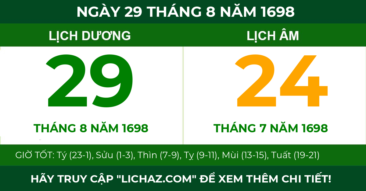 lịch âm ngày 29 tháng 8 năm 1698