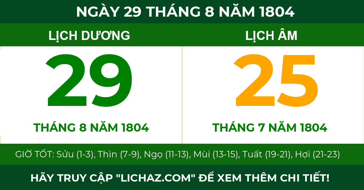 lịch âm ngày 29 tháng 8 năm 1804