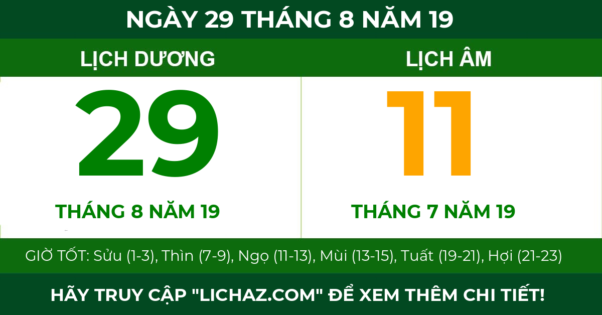 lịch âm ngày 29 tháng 8 năm 19