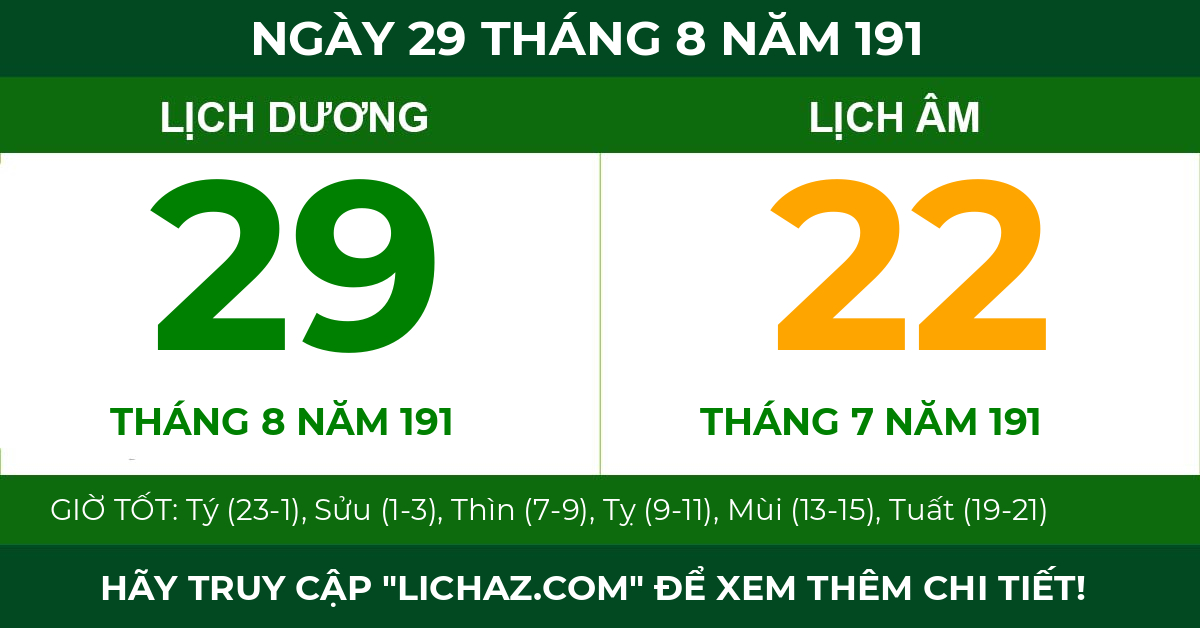 lịch âm ngày 29 tháng 8 năm 191