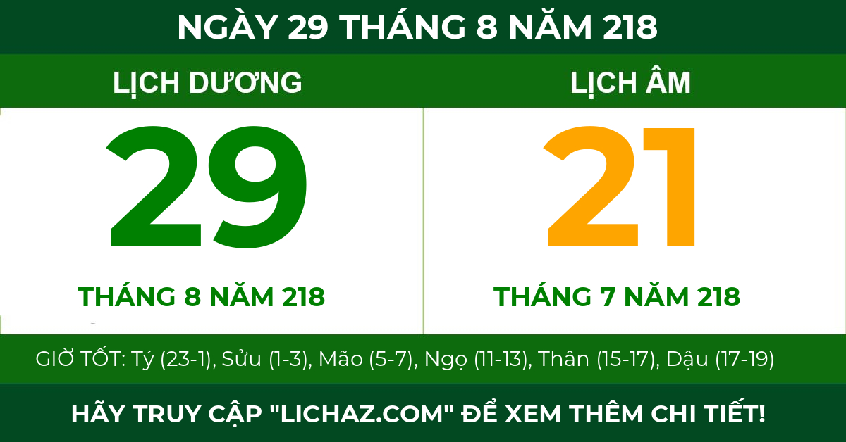 lịch âm ngày 29 tháng 8 năm 218