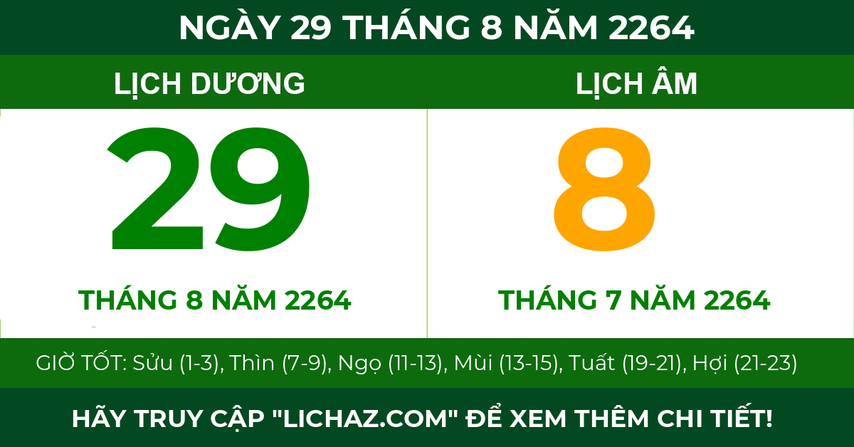 lịch âm ngày 29 tháng 8 năm 2264