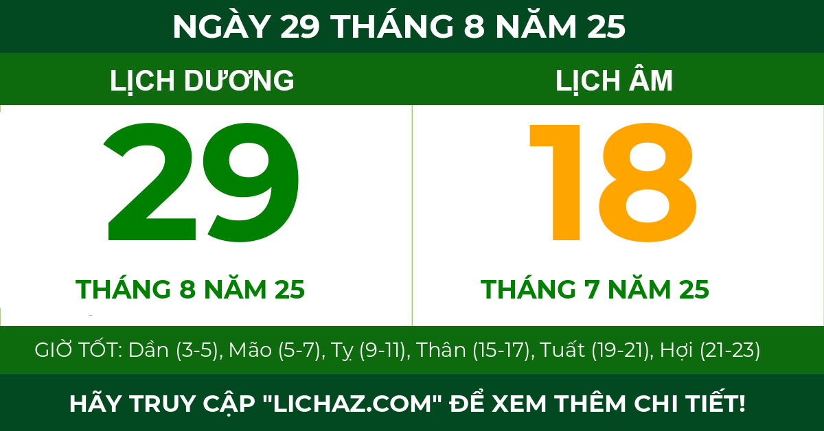 lịch âm ngày 29 tháng 8 năm 25