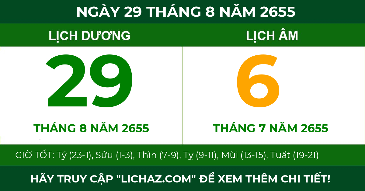 lịch âm ngày 29 tháng 8 năm 2655