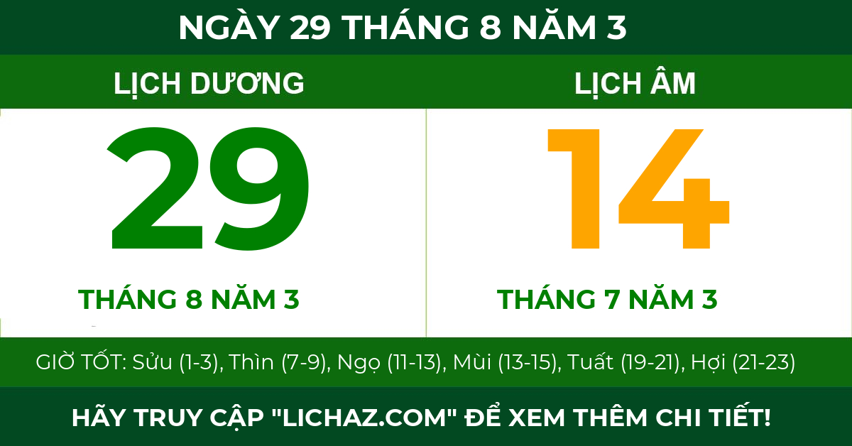 lịch âm ngày 29 tháng 8 năm 3