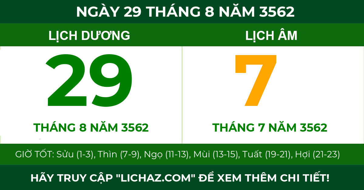 lịch âm ngày 29 tháng 8 năm 3562