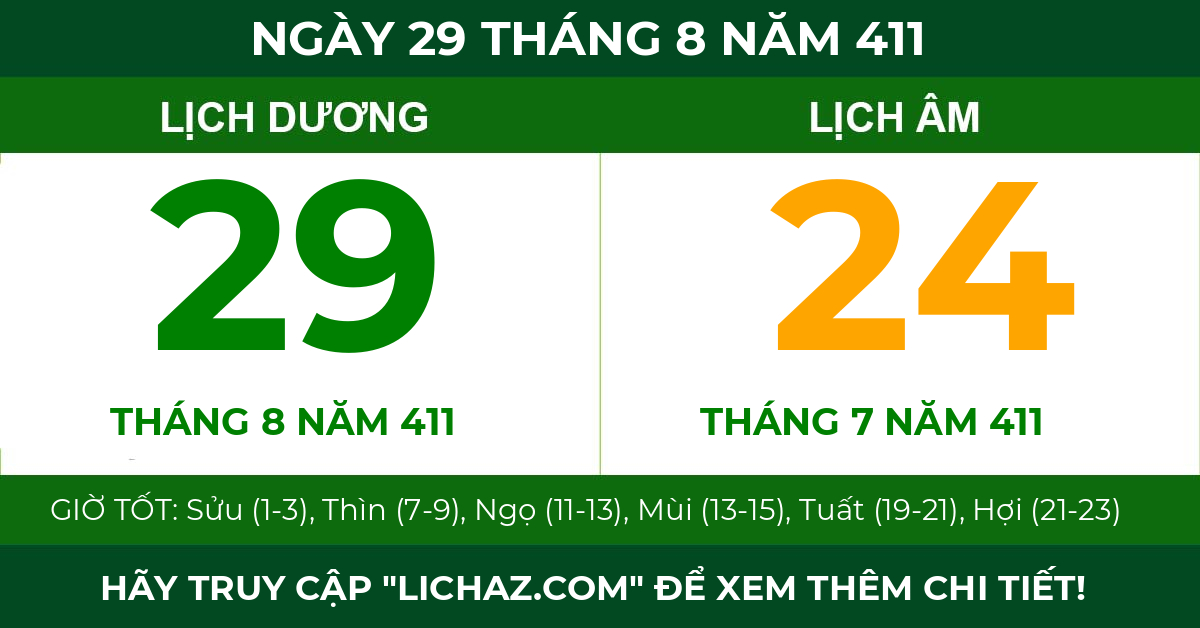 lịch âm ngày 29 tháng 8 năm 411