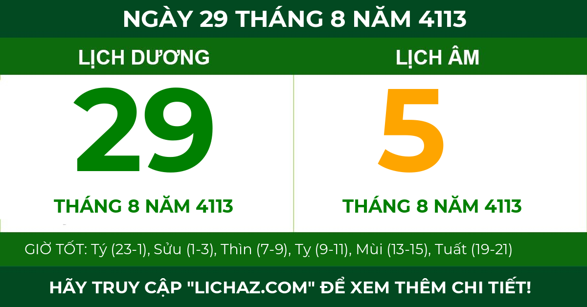lịch âm ngày 29 tháng 8 năm 4113