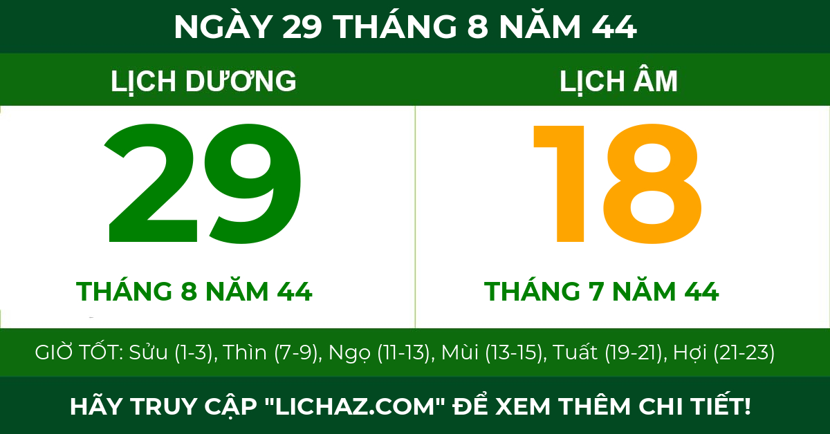 lịch âm ngày 29 tháng 8 năm 44