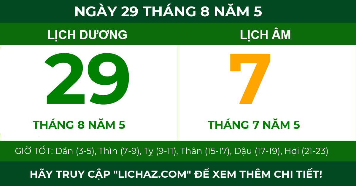 lịch âm ngày 29 tháng 8 năm 5