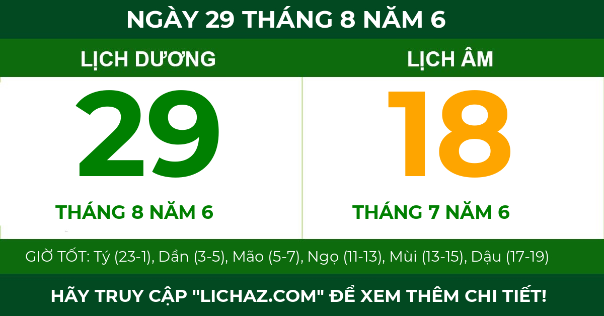 lịch âm ngày 29 tháng 8 năm 6