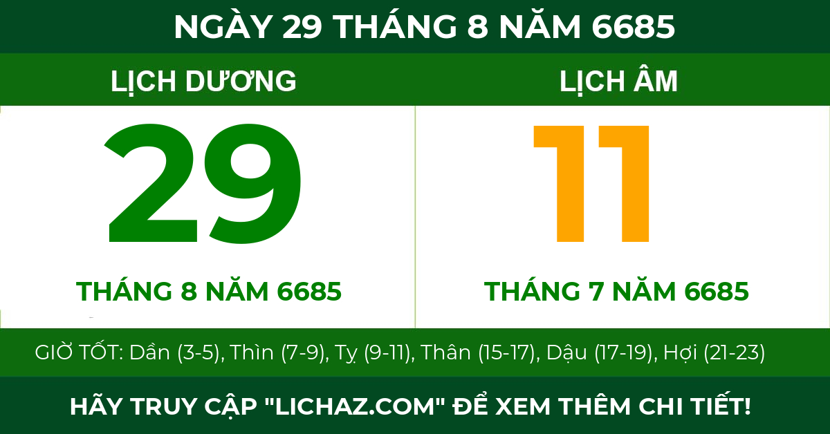 lịch âm ngày 29 tháng 8 năm 6685