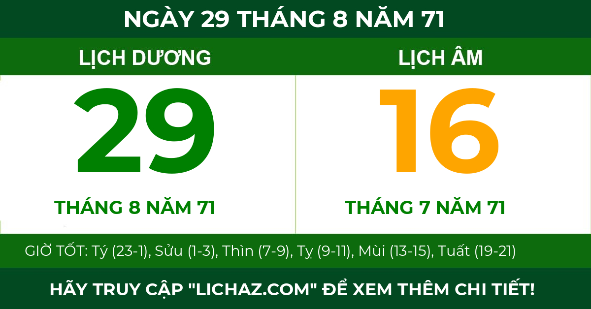 lịch âm ngày 29 tháng 8 năm 71