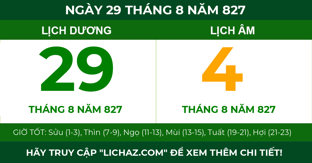 lịch âm ngày 29 tháng 8 năm 827