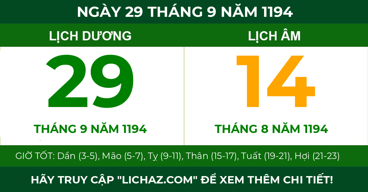 lịch âm ngày 29 tháng 9 năm 1194