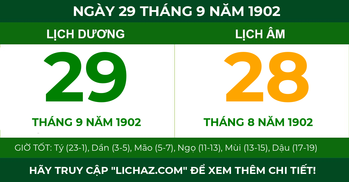 lịch âm ngày 29 tháng 9 năm 1902