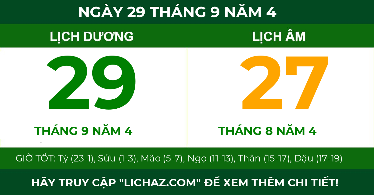 lịch âm ngày 29 tháng 9 năm 4