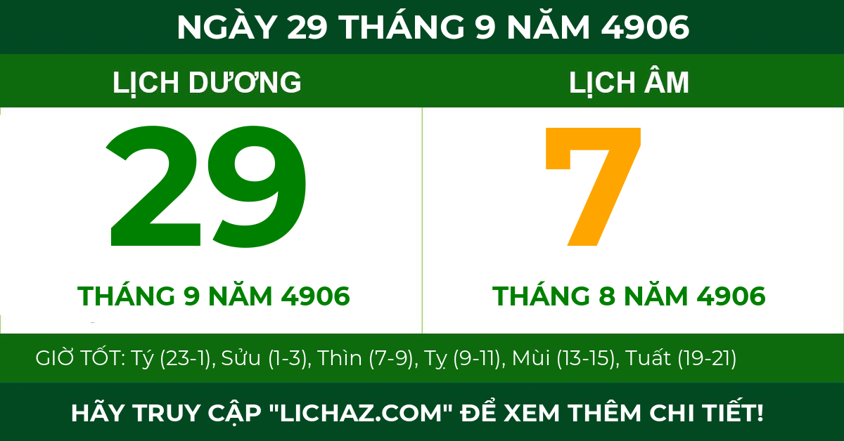 lịch âm ngày 29 tháng 9 năm 4906