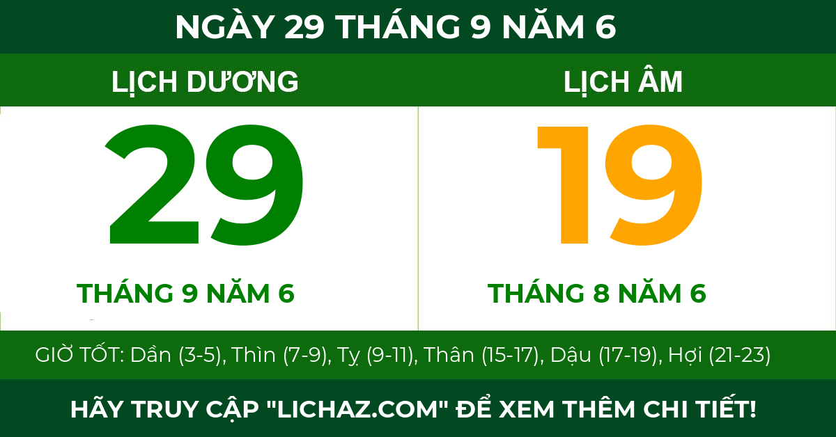 lịch âm ngày 29 tháng 9 năm 6