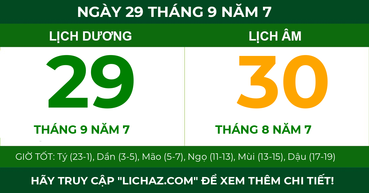 lịch âm ngày 29 tháng 9 năm 7