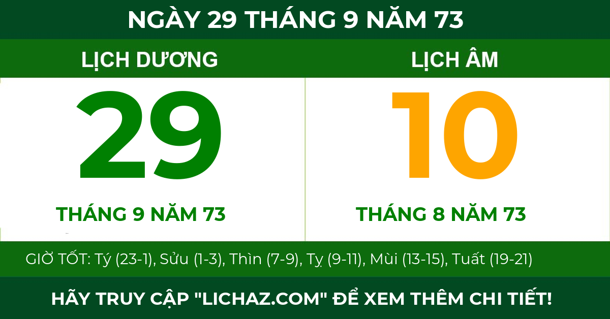 lịch âm ngày 29 tháng 9 năm 73