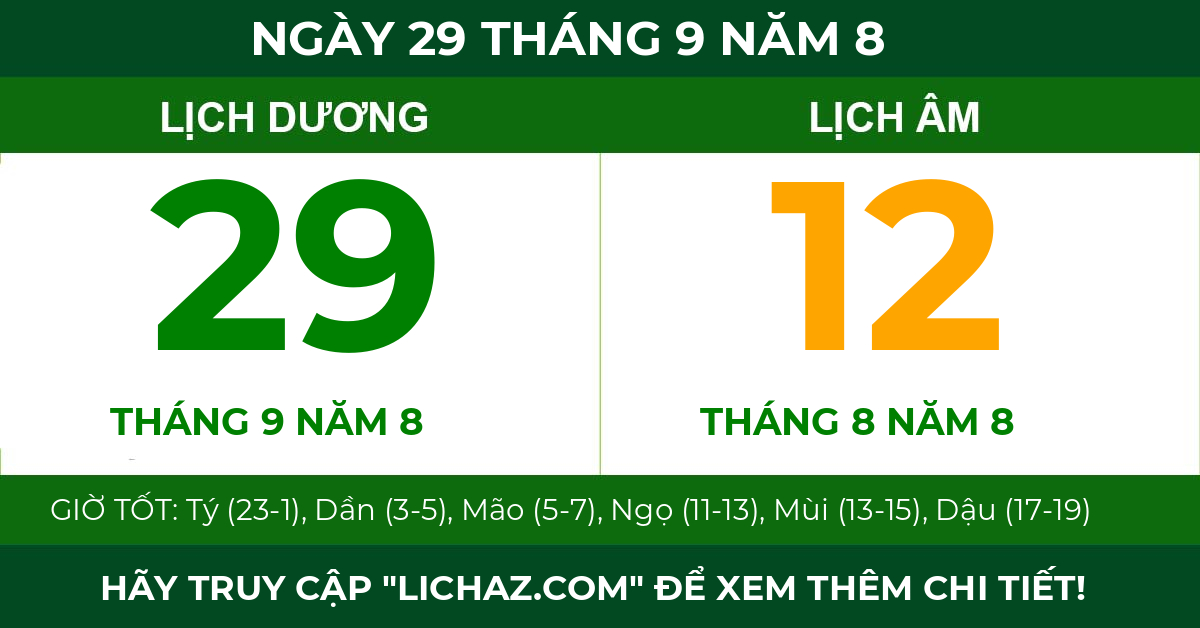 lịch âm ngày 29 tháng 9 năm 8