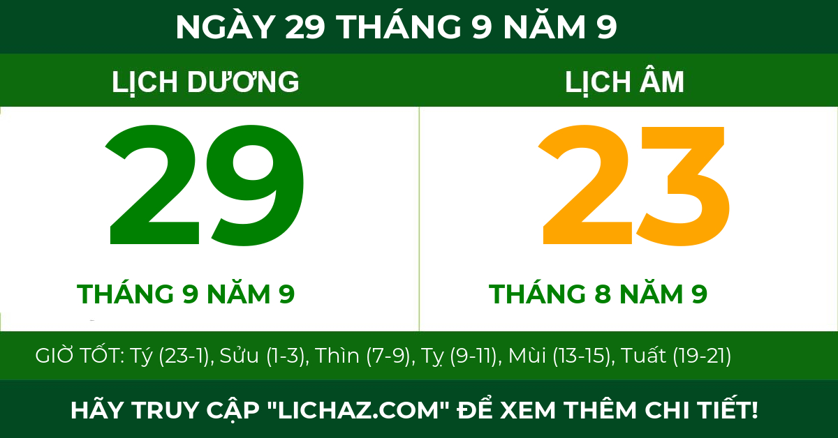 lịch âm ngày 29 tháng 9 năm 9