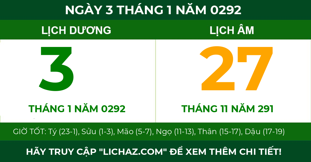 lịch âm ngày 3 tháng 1 năm 0292