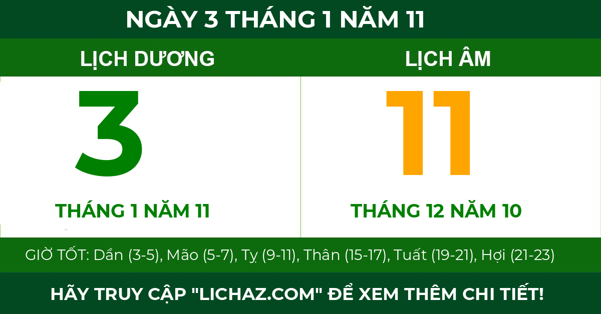 lịch âm ngày 3 tháng 1 năm 11