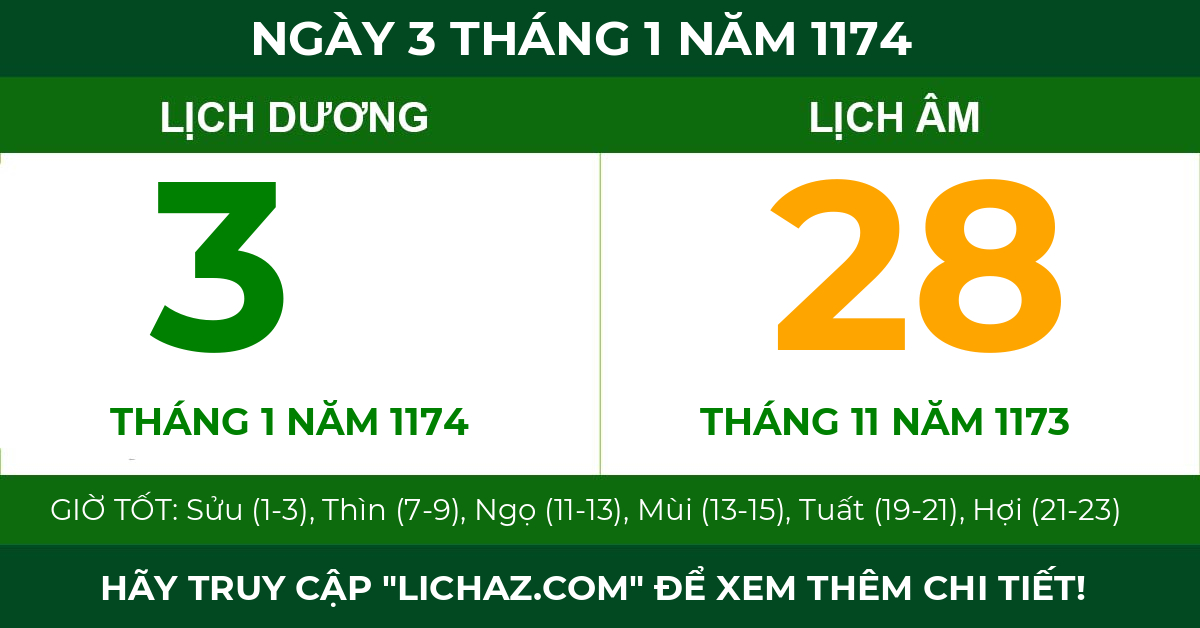 lịch âm ngày 3 tháng 1 năm 1174