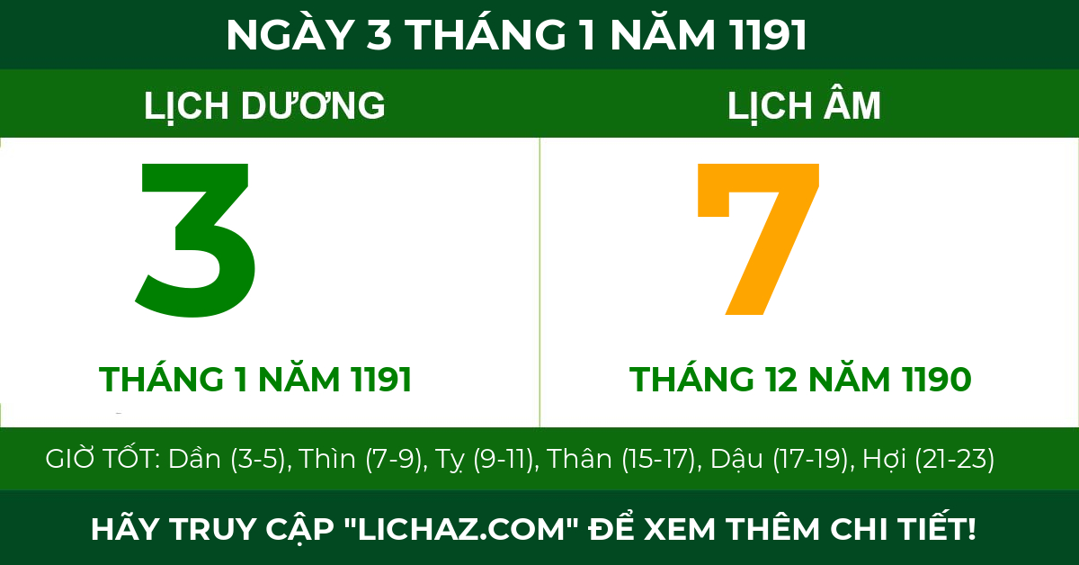lịch âm ngày 3 tháng 1 năm 1191