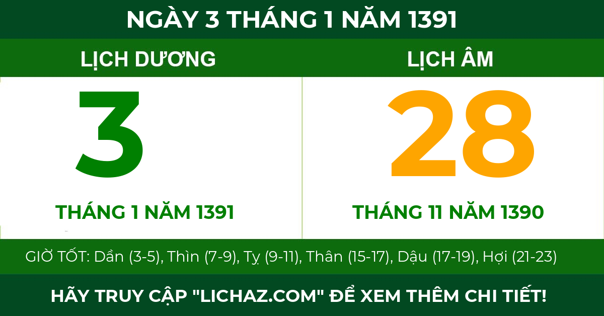 lịch âm ngày 3 tháng 1 năm 1391