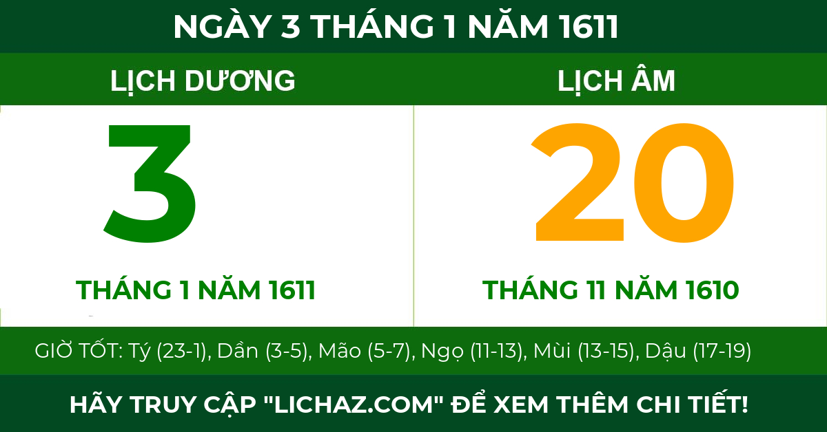 lịch âm ngày 3 tháng 1 năm 1611