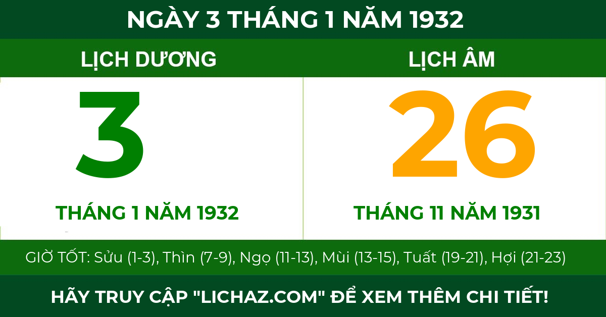 lịch âm ngày 3 tháng 1 năm 1932