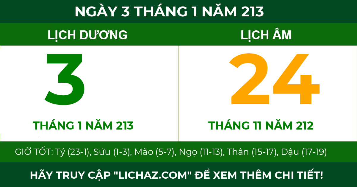 lịch âm ngày 3 tháng 1 năm 213