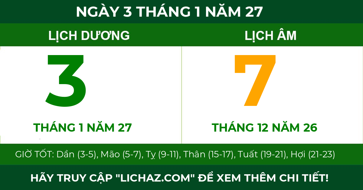 lịch âm ngày 3 tháng 1 năm 27