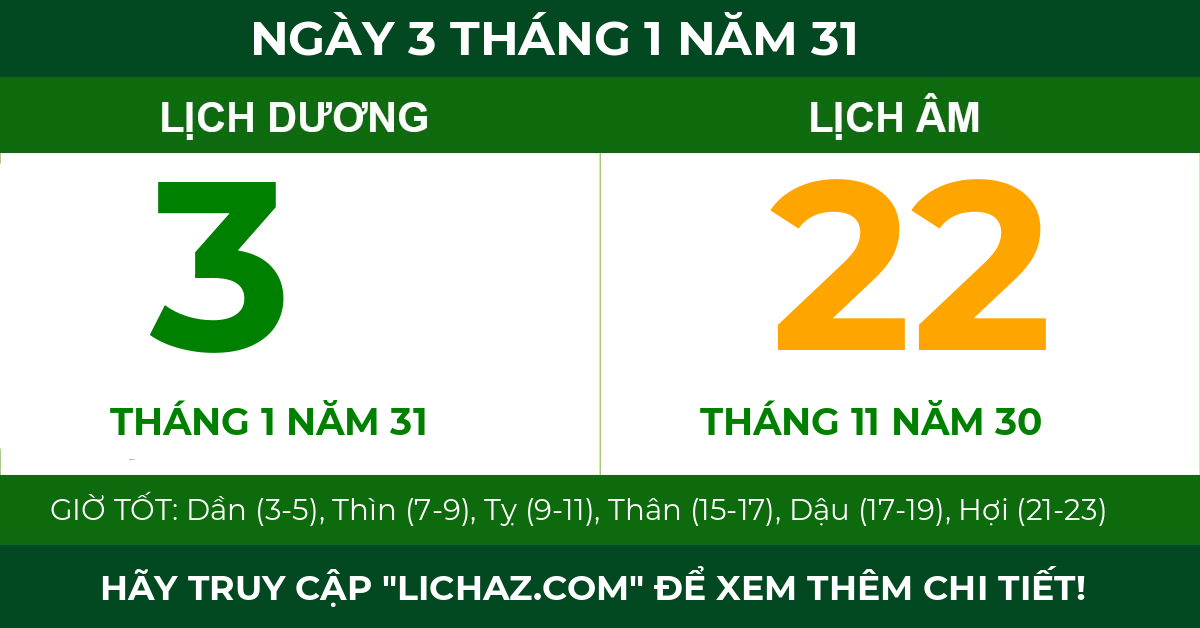 lịch âm ngày 3 tháng 1 năm 31