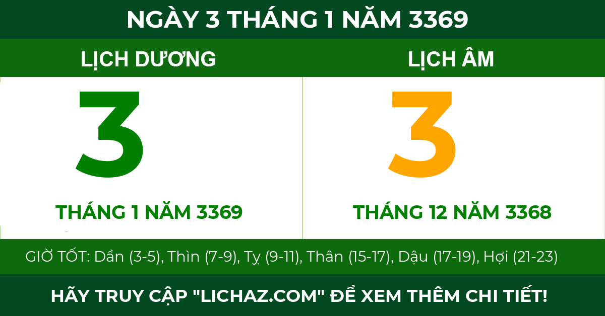 lịch âm ngày 3 tháng 1 năm 3369