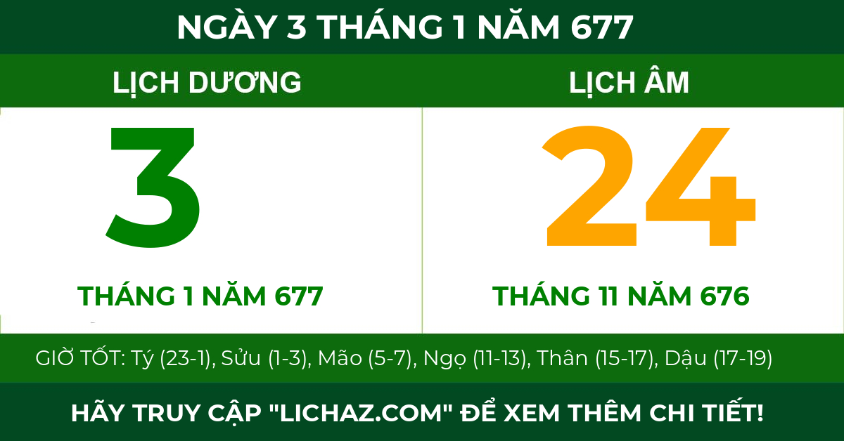 lịch âm ngày 3 tháng 1 năm 677