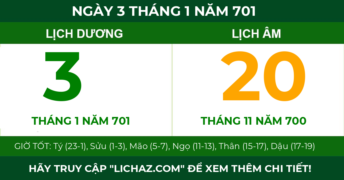 lịch âm ngày 3 tháng 1 năm 701