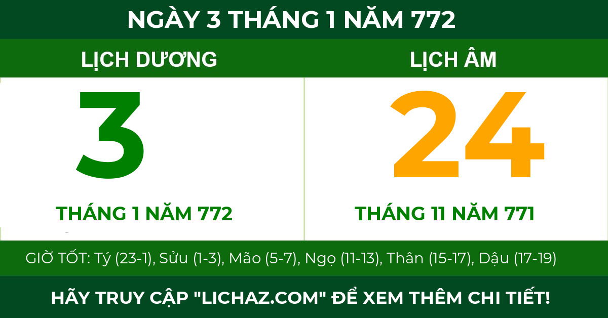 lịch âm ngày 3 tháng 1 năm 772