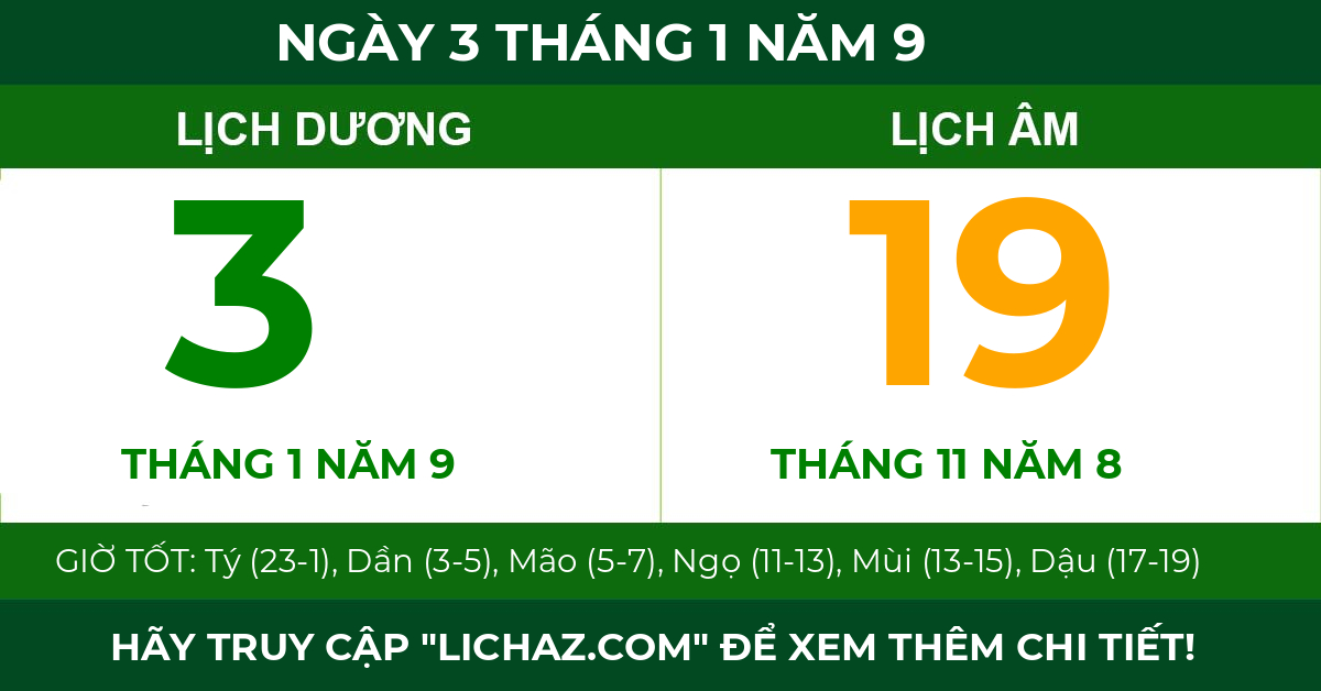 lịch âm ngày 3 tháng 1 năm 9