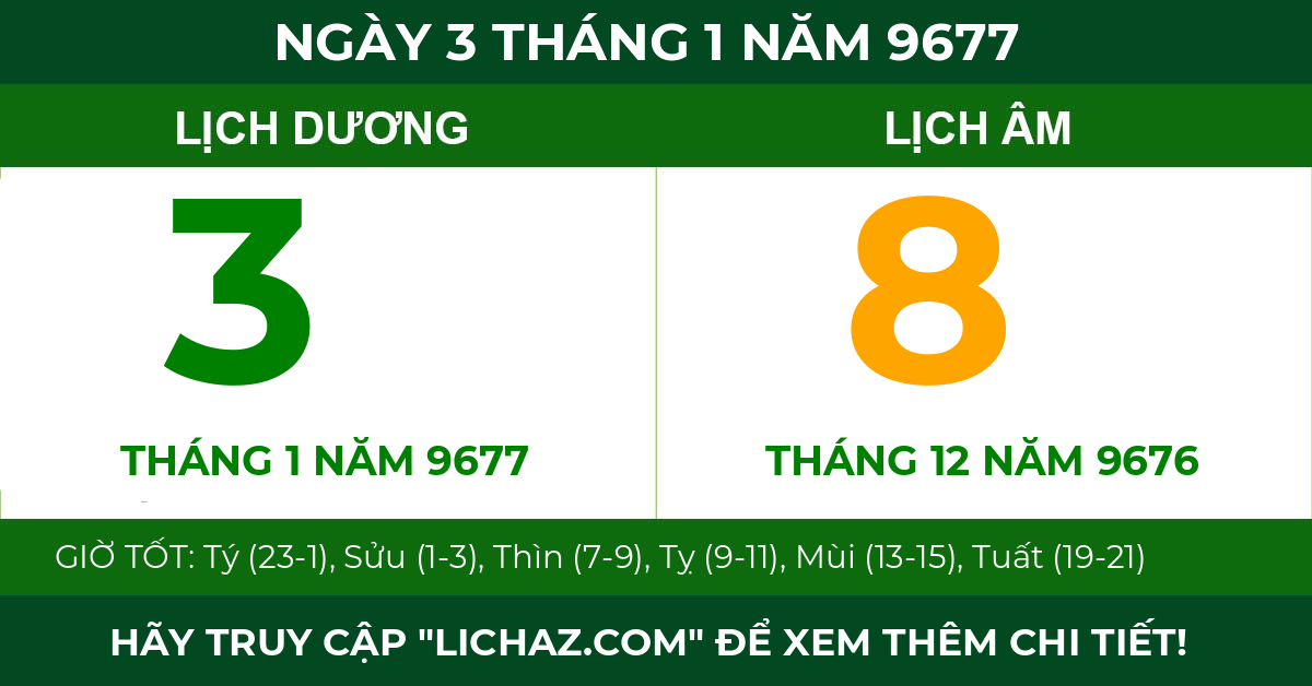 lịch âm ngày 3 tháng 1 năm 9677