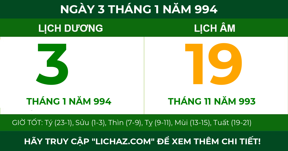lịch âm ngày 3 tháng 1 năm 994