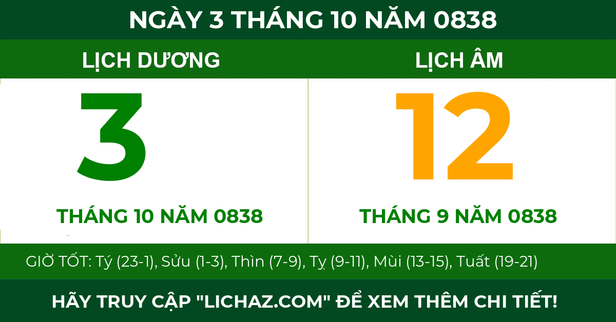 lịch âm ngày 3 tháng 10 năm 0838