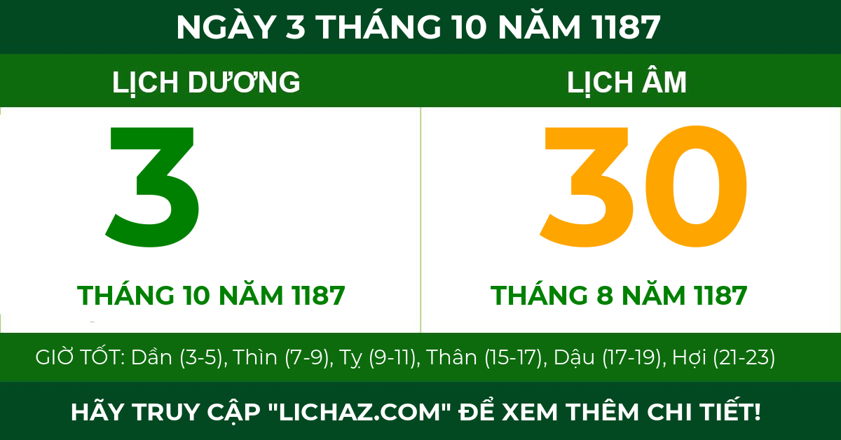 lịch âm ngày 3 tháng 10 năm 1187