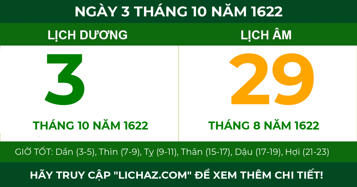 lịch âm ngày 3 tháng 10 năm 1622